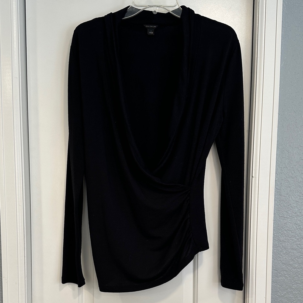 Ann Taylor Black Knit collared wrap top, long sleeve